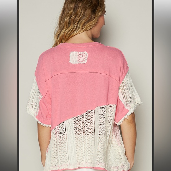 1️⃣ Large left. POL 🩷 Pink and White Peace Sign Lace Top - Picture 3 of 5